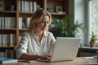 Femme au travail dans un bureau à domicile moderne