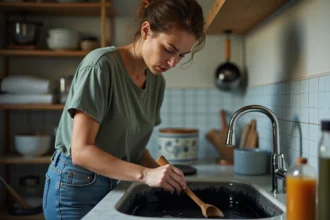 Femme dans la cuisine trempant un tissu dans un bain de teinture noir