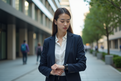 Jeune femme professionnelle en ville regardant sa montre