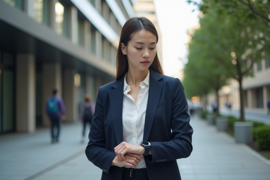 Jeune femme professionnelle en ville regardant sa montre