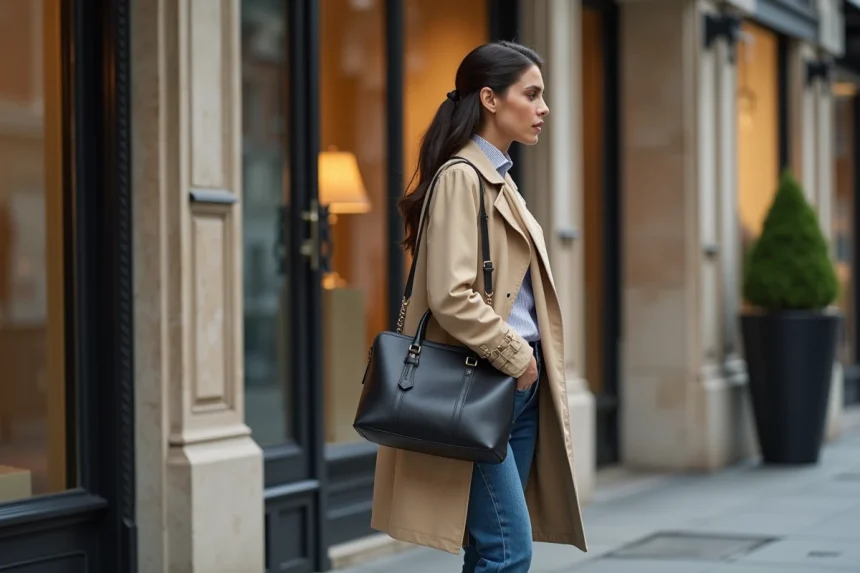 Femme élégante avec trench et sac à la mode en ville