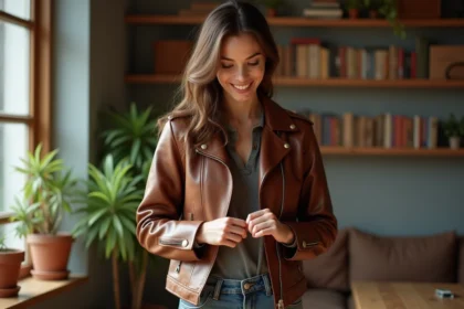 Femme souriante examine la couture d'une veste en cuir vintage