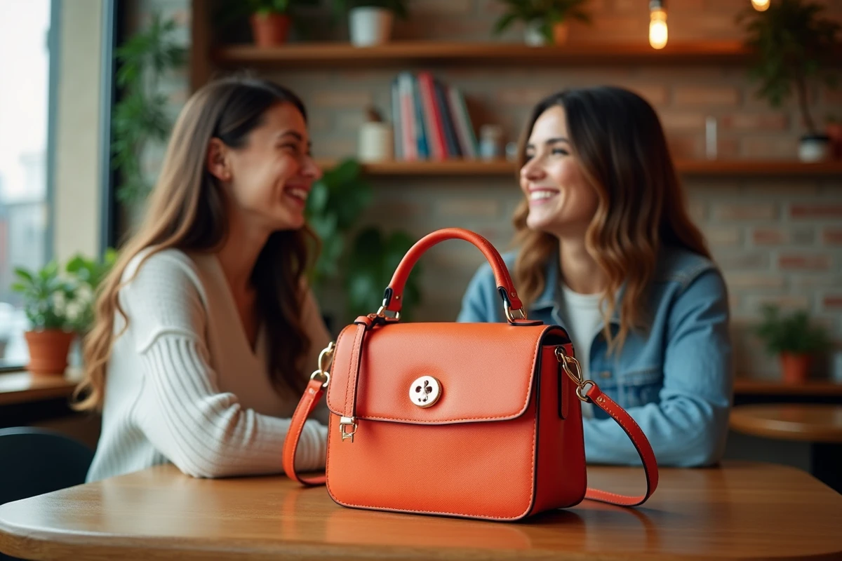 Jeune femme souriante avec sac à main dans un café moderne