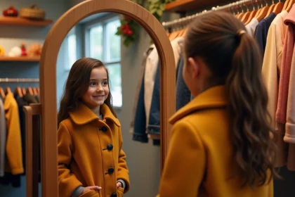 Jeune fille de 7 ans essayant un manteau en laine dans un magasin