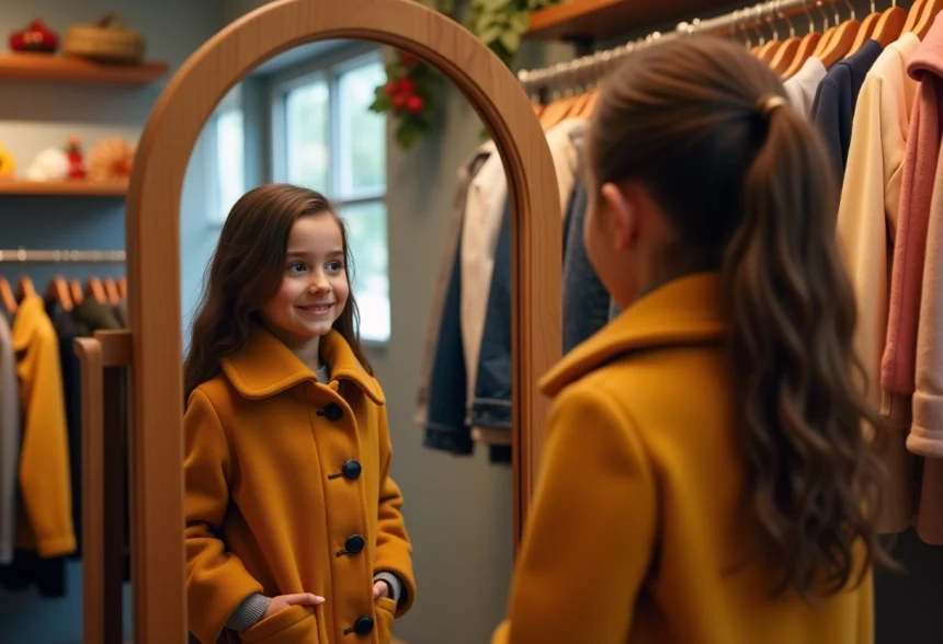 Jeune fille de 7 ans essayant un manteau en laine dans un magasin