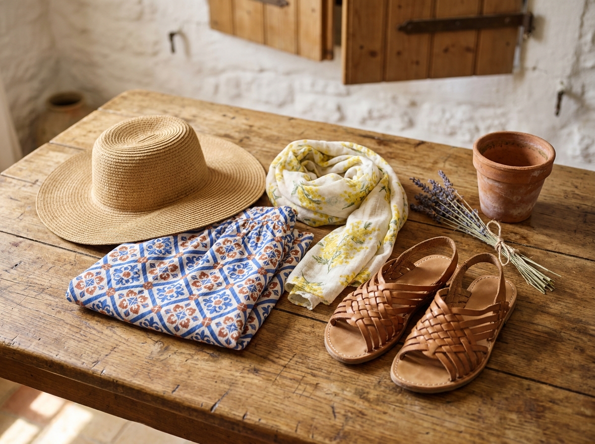 Flat-lay de vêtements d'été aux motifs provençaux, chapeau de paille, jupe géométrique et sandales tressées