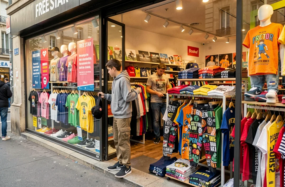 Adolescents parcourant les rayons de vêtements streetwear du magasin Free Star à Aubervilliers