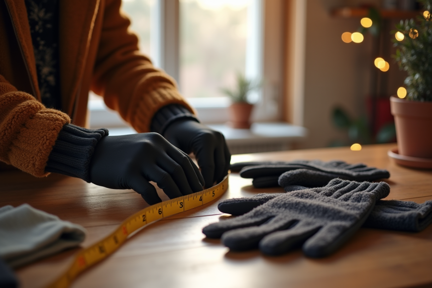 Personne essayant différents gants d'hiver sur une table en bois