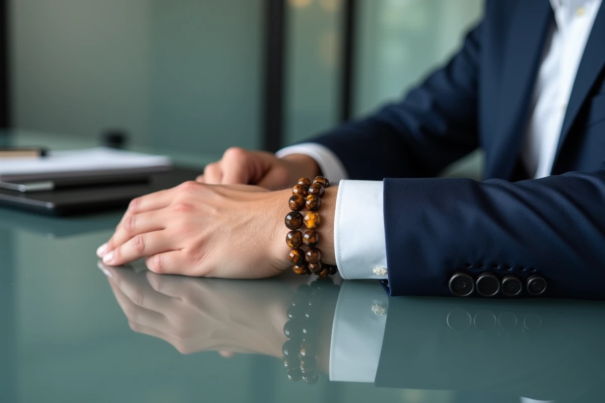 Gros plan d'un bracelet œil du tigre porté avec un costume bleu marine en réunion d'entreprise