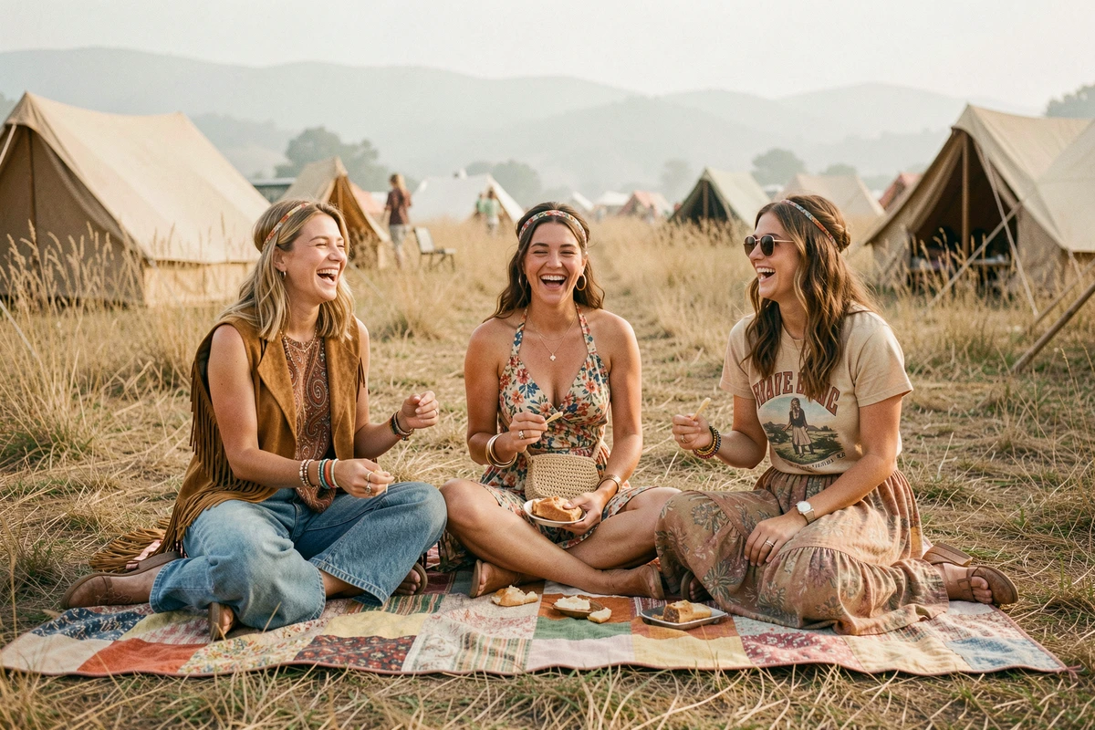 Groupe de femmes en tenues hippie années 70 assises sur un plaid lors d'un festival de musique en plein air