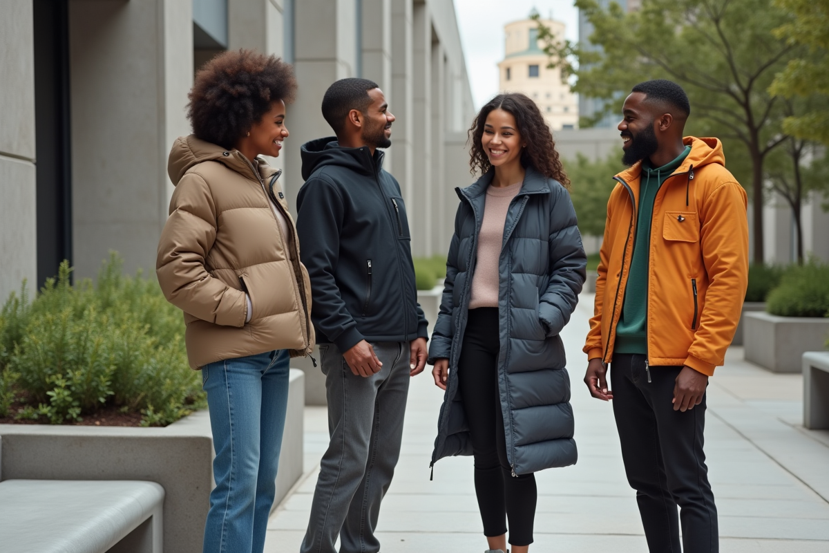 Groupe de jeunes adultes en streetwear innovant dans une place urbaine