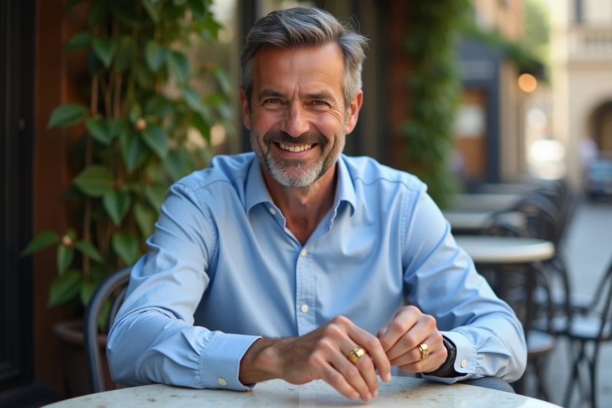 Homme souriant portant une bague en or dans un café en plein air
