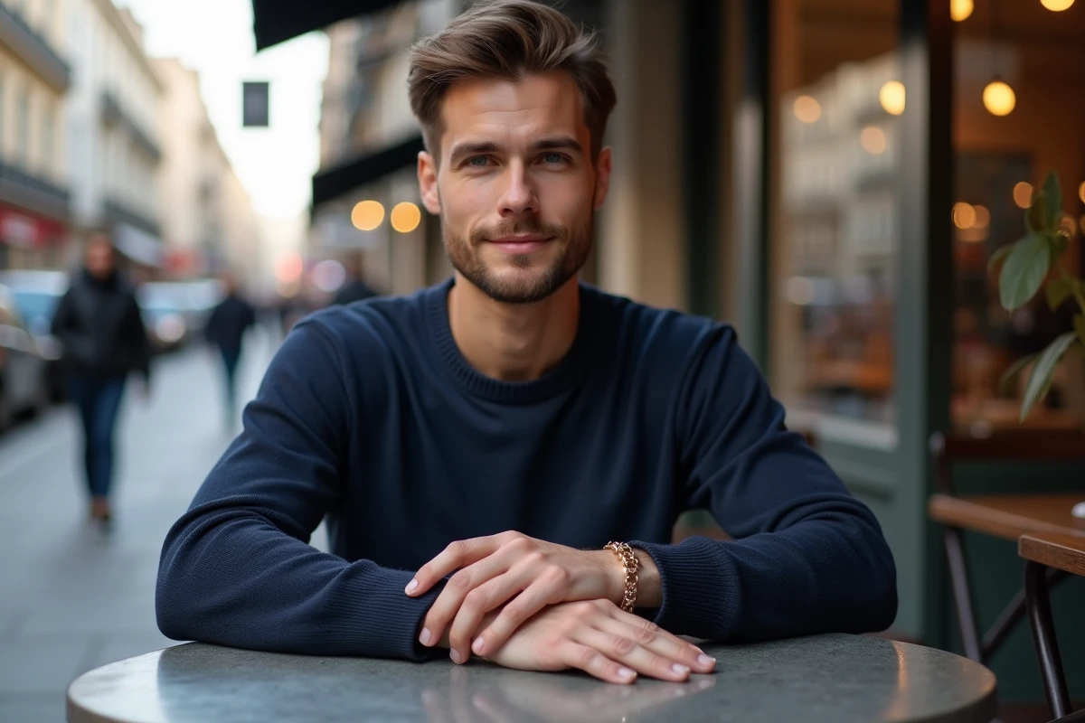 Homme ajustant un bracelet en or dans un café urbain