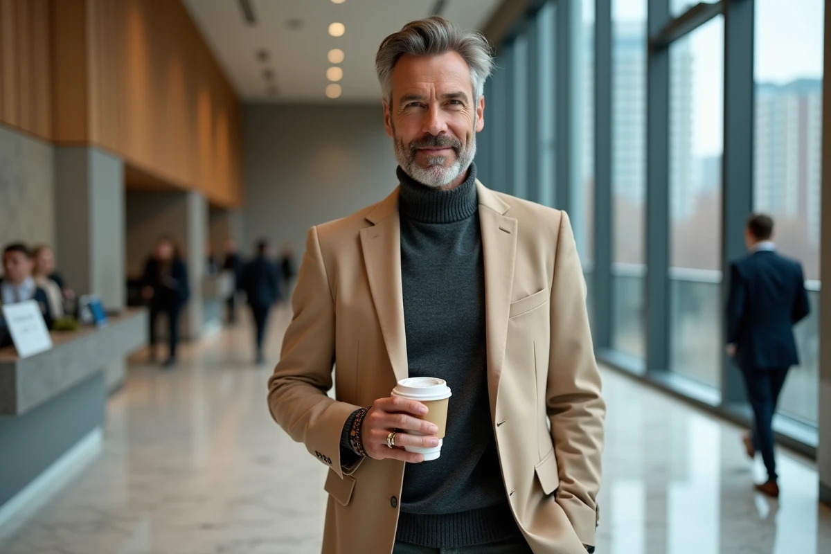 Homme en blazer beige et col roulé avec bracelet œil du tigre dans le hall d'un immeuble de bureaux moderne