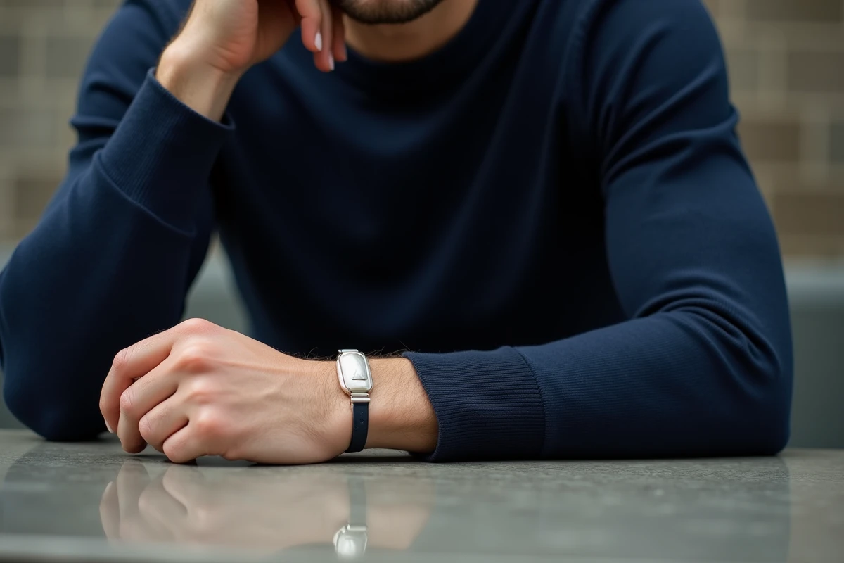 Homme portant un bracelet perle naturelle au poignet dans un café urbain moderne