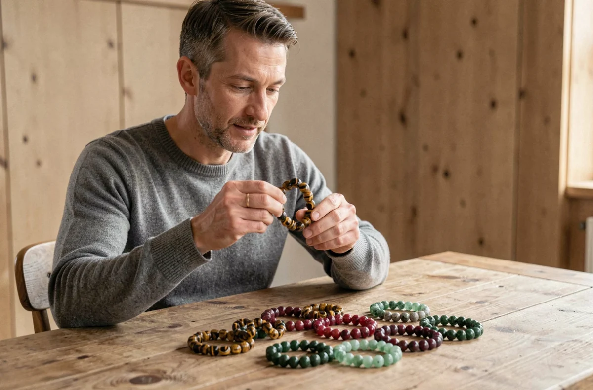 Homme inspectant une collection de bracelets en pierres naturelles œil de tigre et jaspe rouge sur table en bois