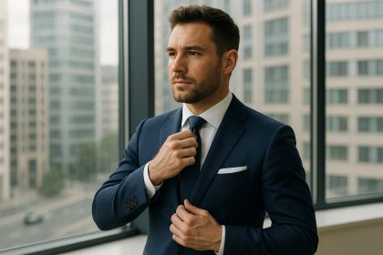 Homme confiant ajustant sa cravate en costume bleu nuit élégant