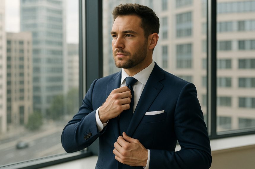 Homme confiant ajustant sa cravate en costume bleu nuit élégant