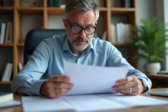 Homme d'âge moyen examinant des documents d'assurance dans un bureau moderne