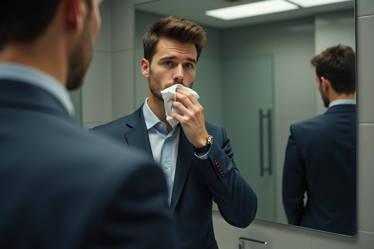 Jeune homme en costume se mouchant dans un miroir