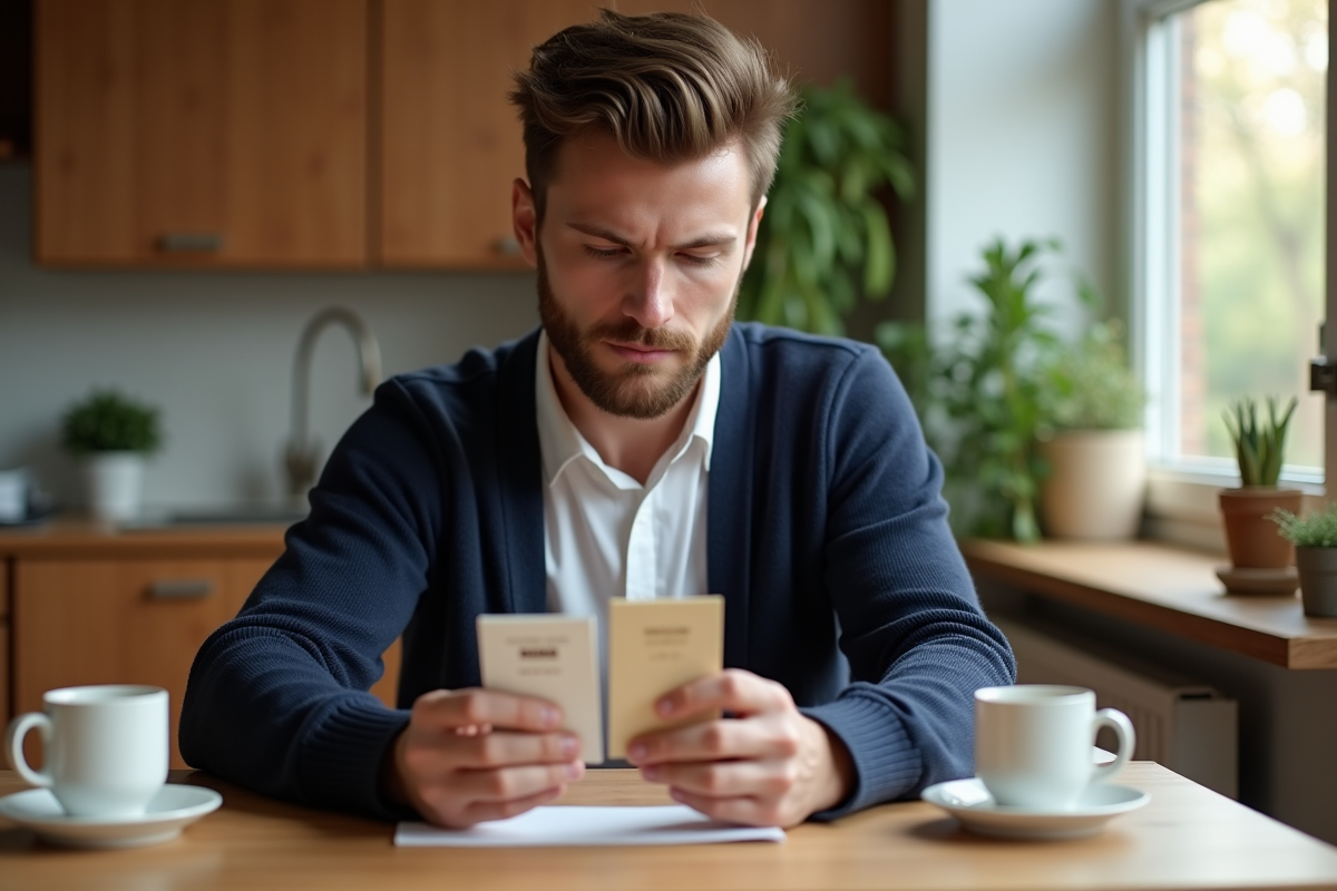 Homme contemplant des échantillons de parfum à la maison