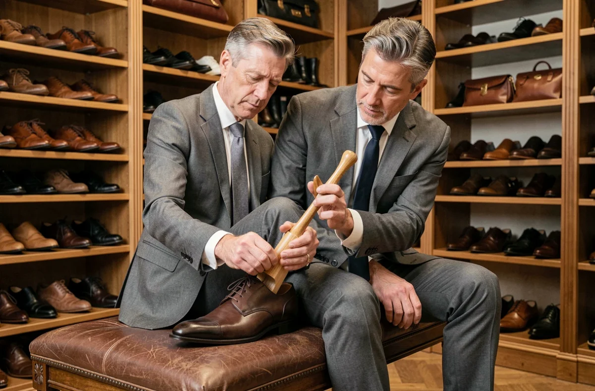 Homme élégant insérant une forme en hêtre dans un derby en cuir brun dans un dressing raffiné