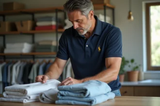 Homme pliant polos en laundry dans une pièce lumineuse