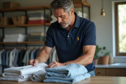 Homme pliant polos en laundry dans une pièce lumineuse