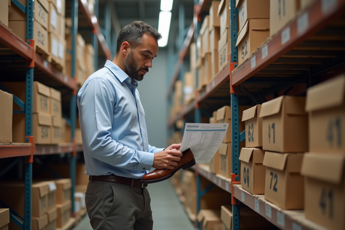 Homme d age moyen vérifiant un rapport de vente dans un stock de chaussures