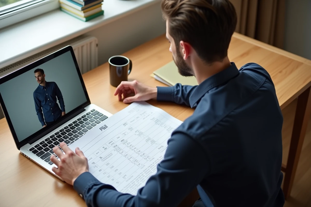 Homme comparant un guide des tailles Uniqlo imprimé avec un tableau d'équivalences en ligne sur ordinateur portable