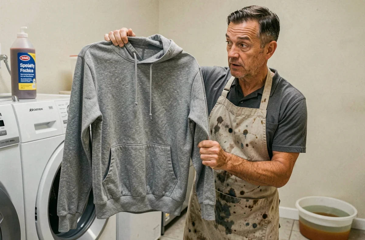 Homme inspectant un sweat en polyester coton après teinture devant un lave-linge