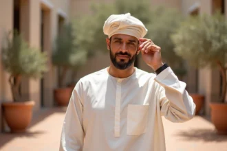 Homme portant un kufi en lin ivoire et une thoube blanche légère dans une cour urbaine ensoleillée en été