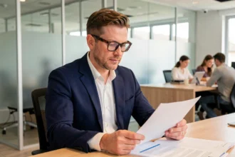 Homme en blazer marine portant des lunettes de vue rectangulaires en écaille de tortue, travaillant dans un bureau moderne professionnel