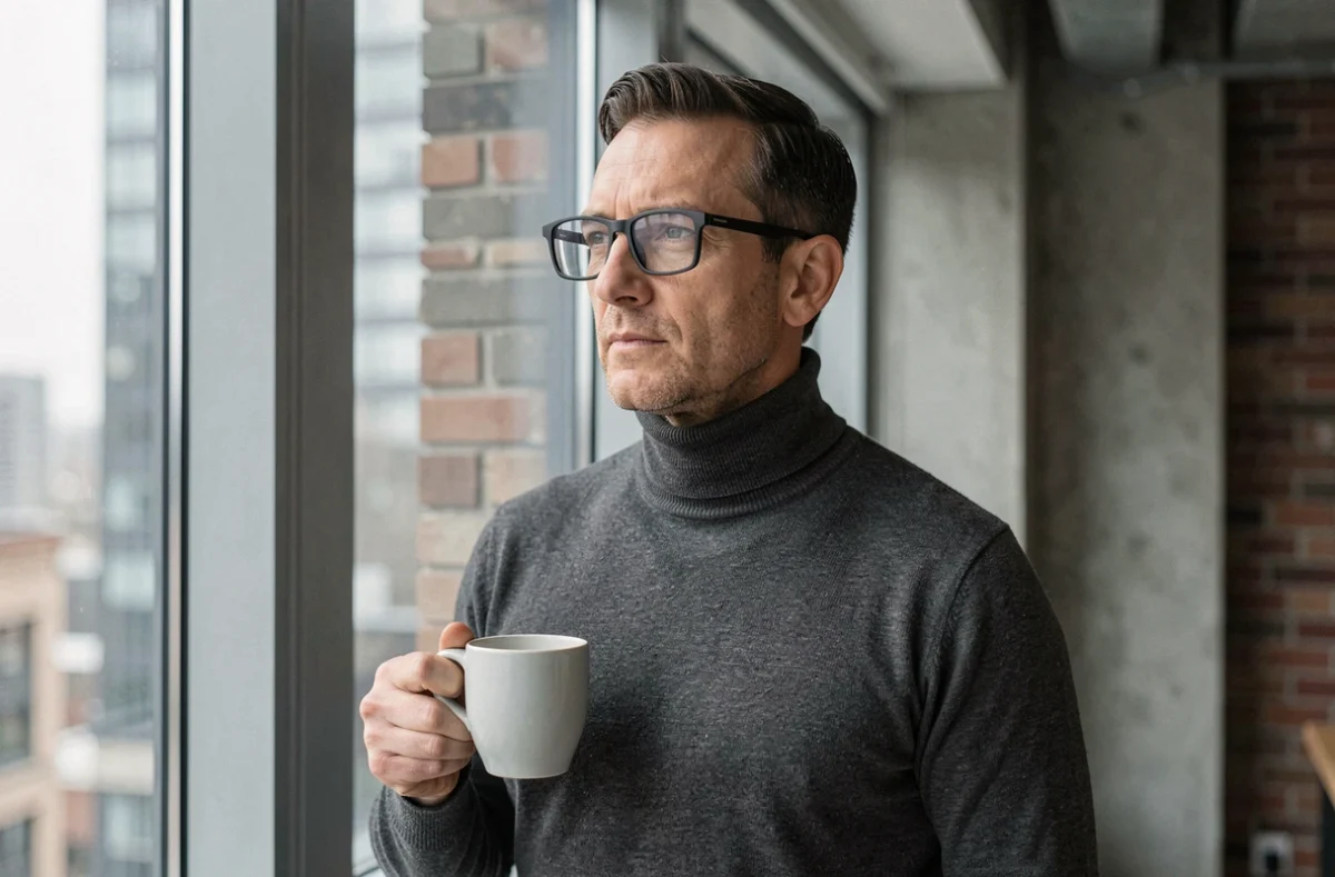 Homme en col roulé gris portant des lunettes de vue fines et modernes dans un espace de coworking avec vue urbaine