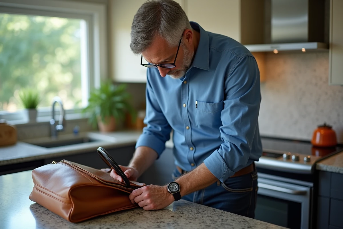 Homme vérifiant le numéro de série d’un sac dans une cuisine moderne