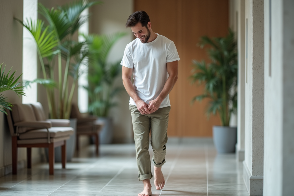 Jeune homme marche dans une clinique se massant le pied