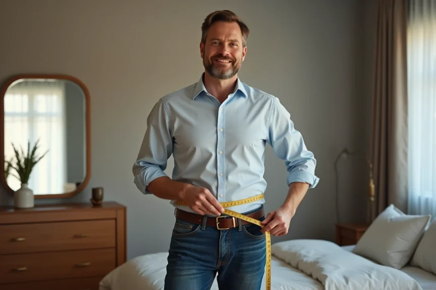 Homme d'âge moyen tenant une ceinture en cuir et un ruban de mesure