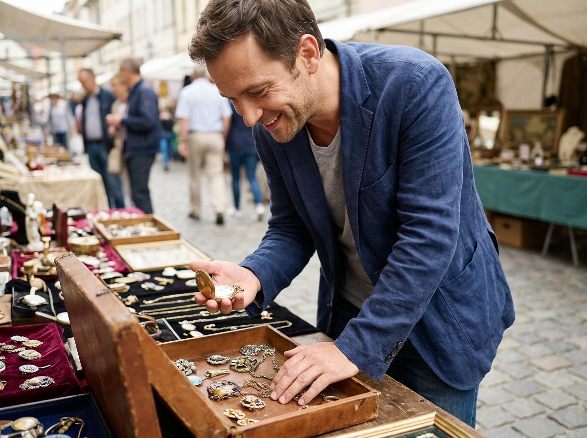 Homme inspectant une montre de gousset en or vintage sur un marché aux puces européen