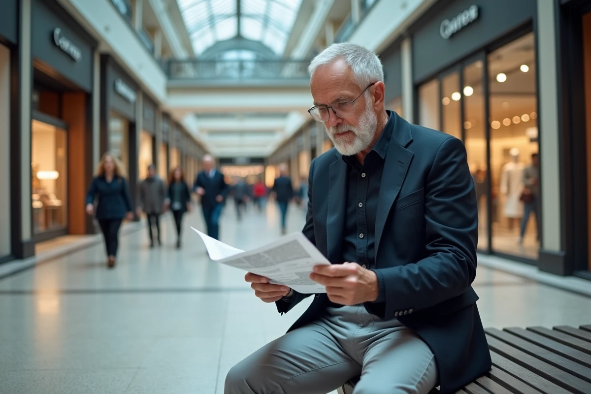 Homme consultant le plan des boutiques à l'intérieur du Centre Commercial Montparnasse près de la gare