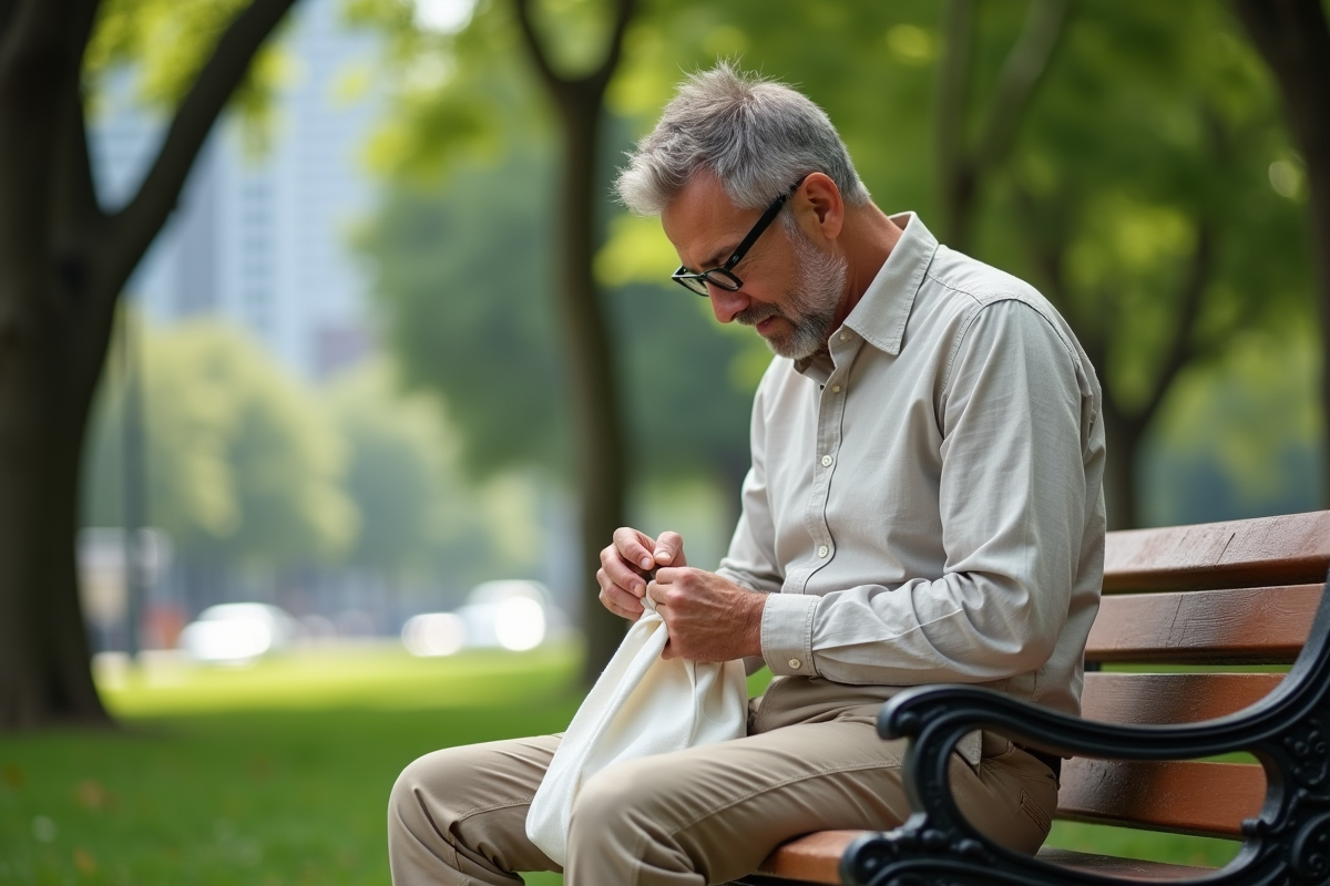 Homme répare un sac en toile dans un parc urbain