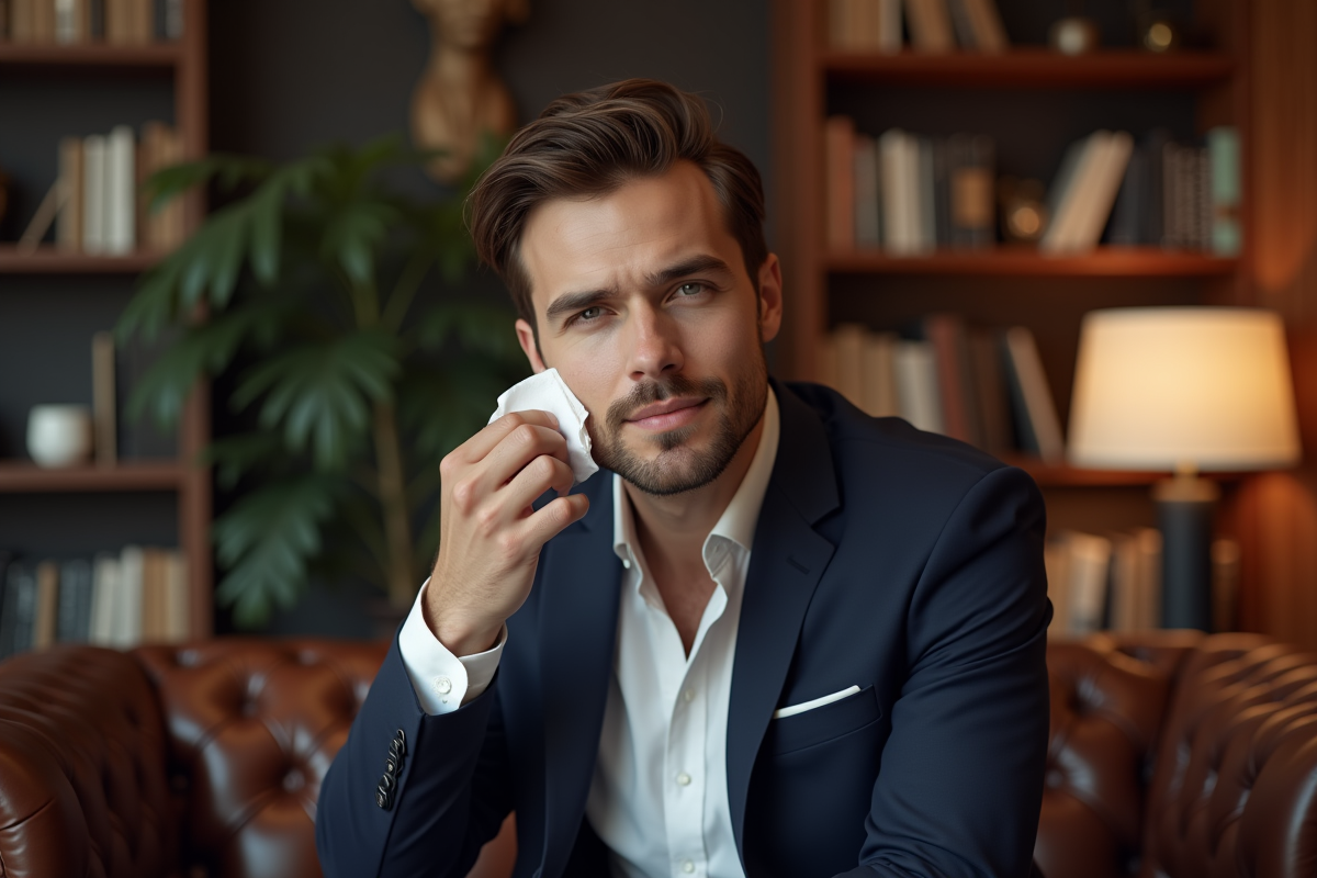 Homme en costume se démaquillant dans un salon professionnel