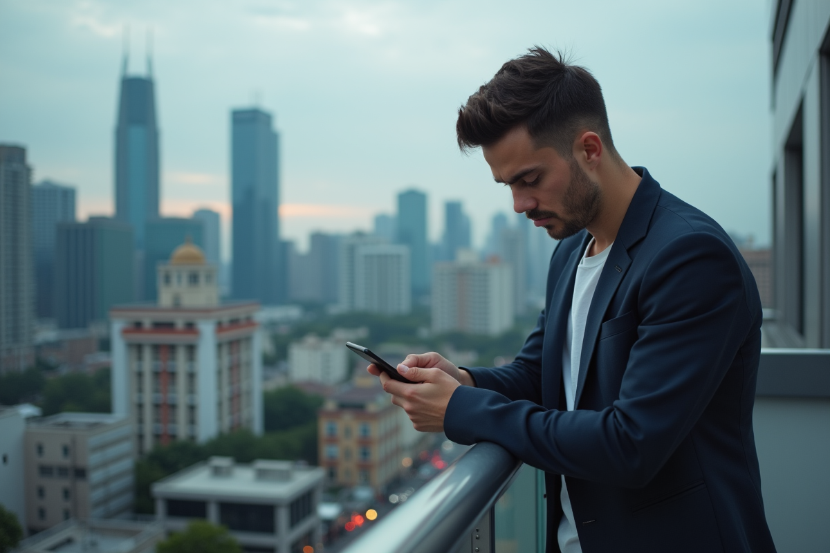 Homme regardant son smartphone sur un toit urbain