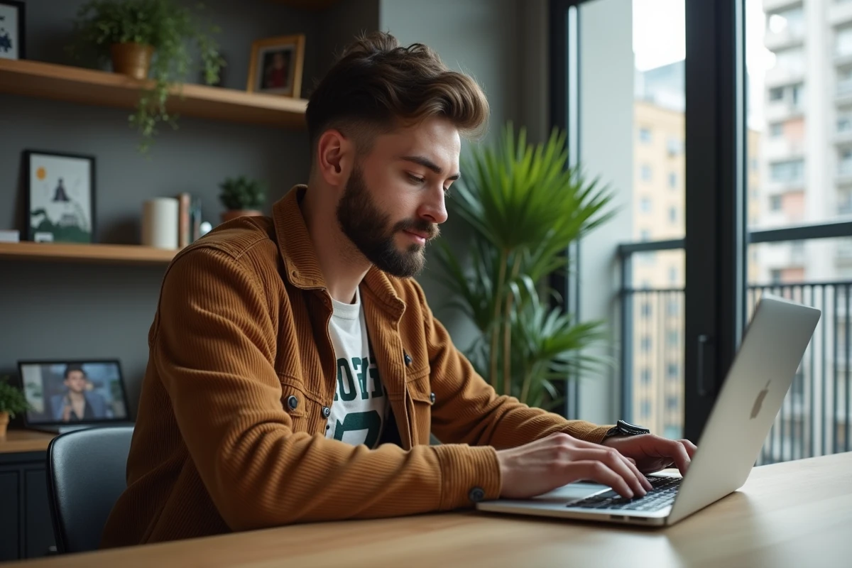 Homme en ligne achetant des vêtements vintage à la maison