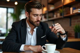 Homme en manteau noir examine un anneau skull en café
