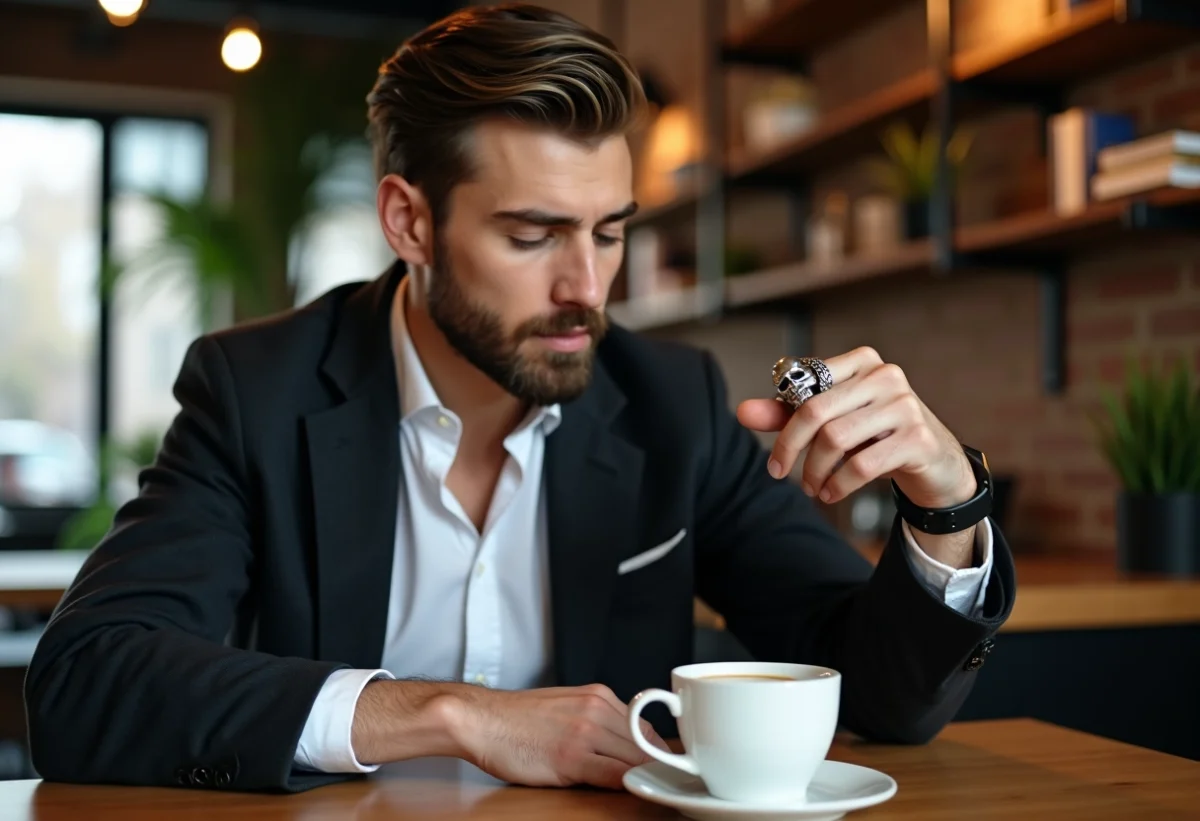 Homme en manteau noir examine un anneau skull en café