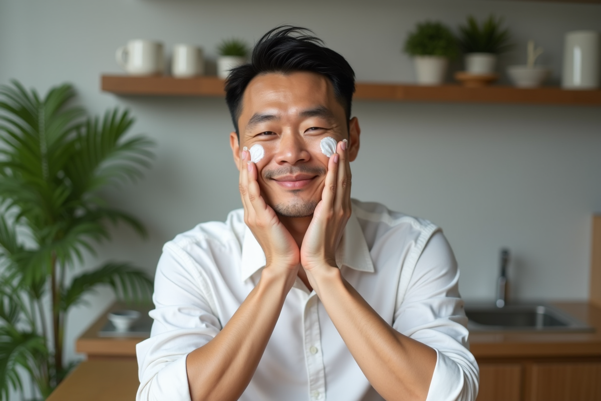 Homme asiatique appliquant une creme visage dans une cuisine chaleureuse