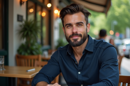 Homme élégant avec barbe dans un café urbain en extérieur
