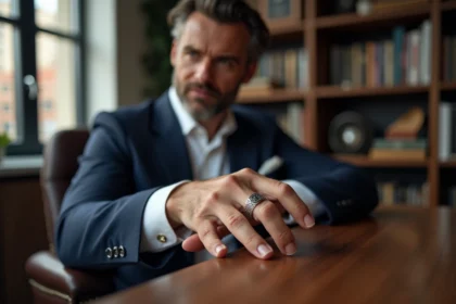 Homme en costume regardant une bague en argent