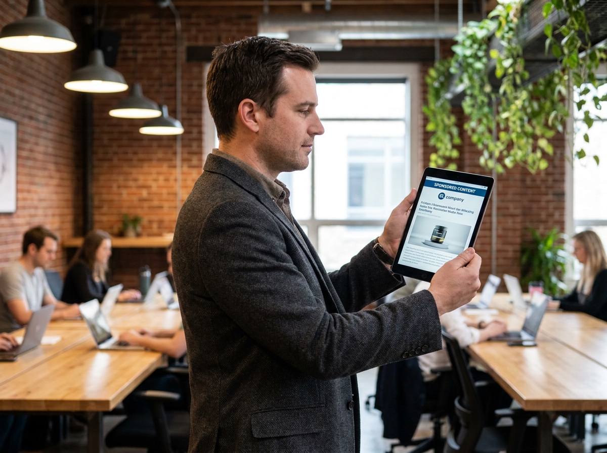 Homme professionnel consultant un article sponsorisé sur une tablette dans un espace de co-working moderne