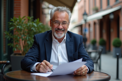 Homme d'affaires souriant lisant des documents en ville